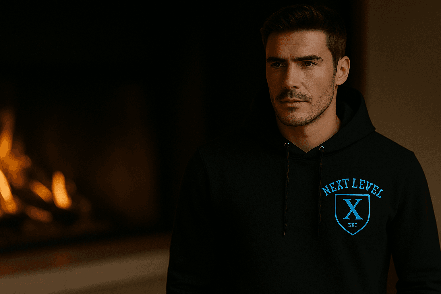 Man wearing Next X Level black hoodie in atmospheric lighting